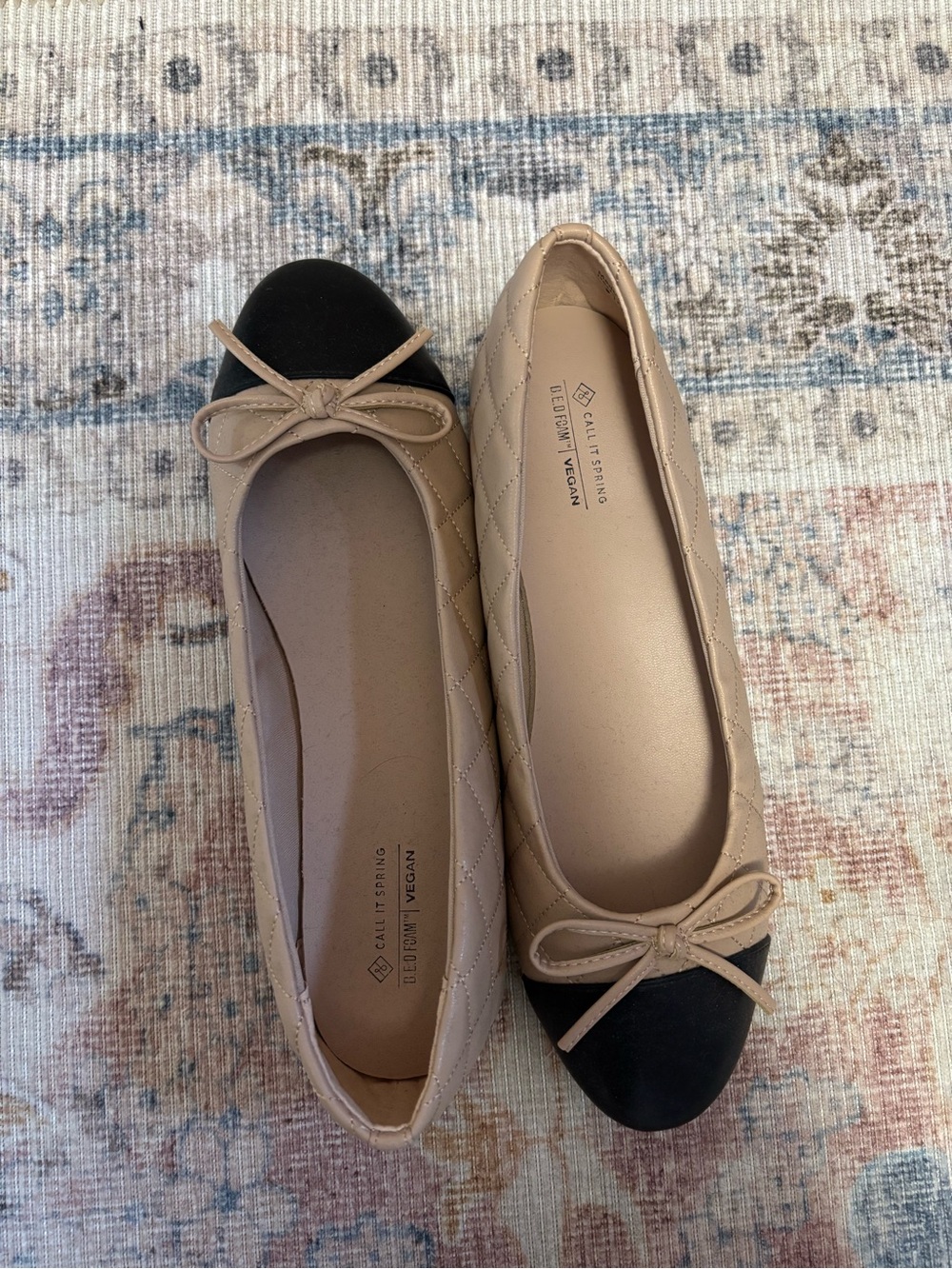 Call It Spring Quilted Beige Flats with Black Cap Toe and Bow